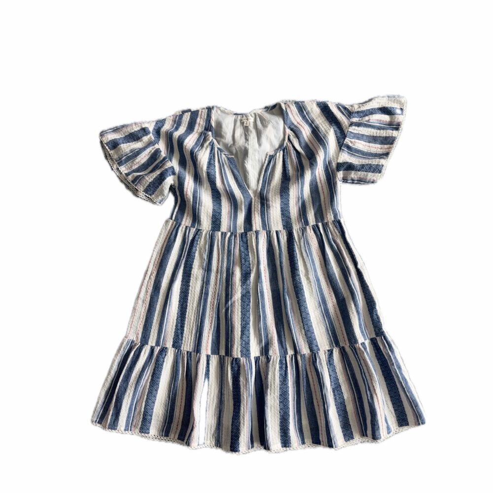 New Raisins Blue White Stripe Short Sleeve Ruffle Hem Dress Women's Size Small